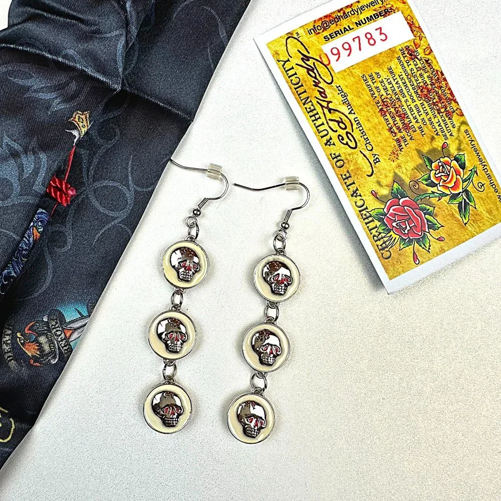 ED HARDY VINTAGE Earrings / Triple Skull Earring In Base Metal / Hard Rock - Picture 3 of 8